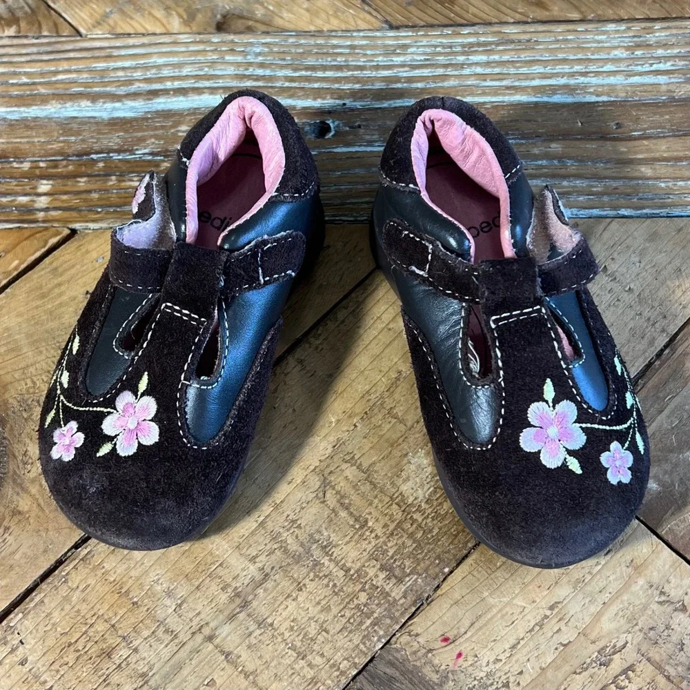Pediped Brown Leather Suede Floral Embroidered Toddler Shoes Size US‎ 5 EU 21